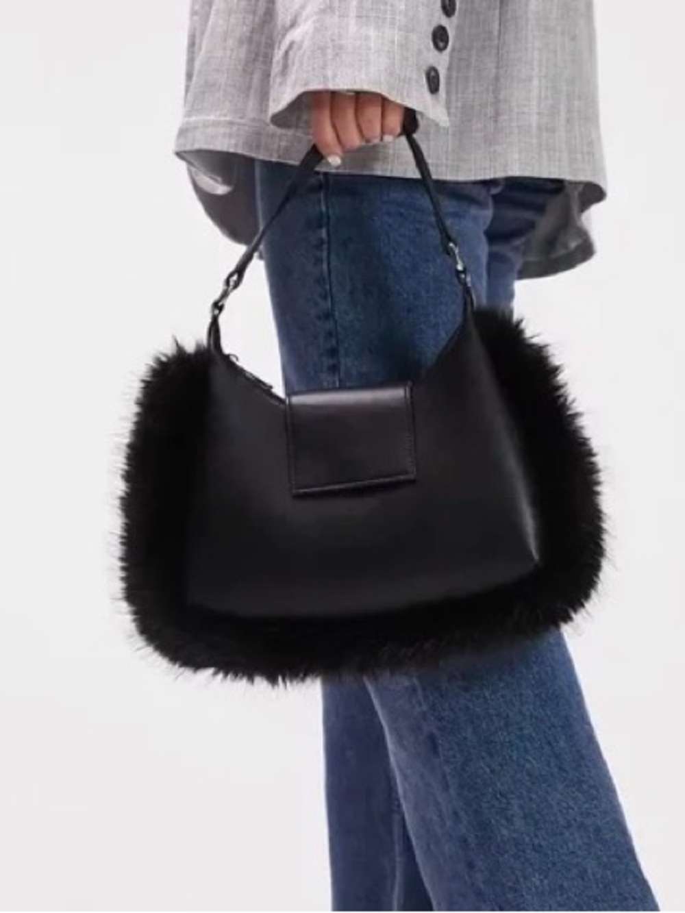 💕NWT💕 Topshop Shantae Faux-Fur Trim Faux-Leather Shoulder Bag, Black